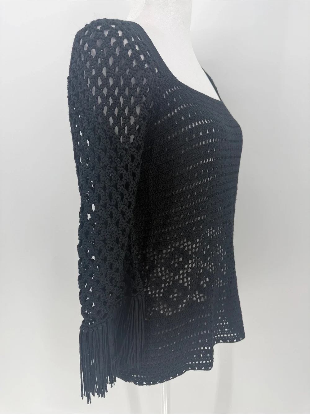 Cynthia Steffe Black Crochet Silk Fringe Sleeve Sweater Top Medium